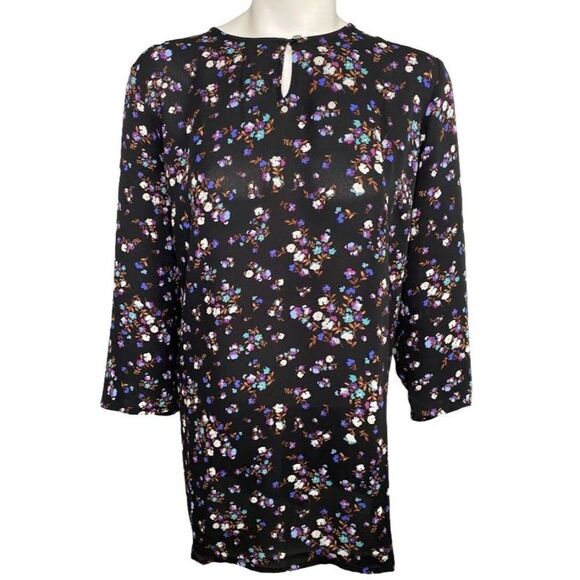J Jill Black Floral Long Sleeve Accordian Pleated Back Blouse‎ Top sz Medium NEW - Picture 1 of 12